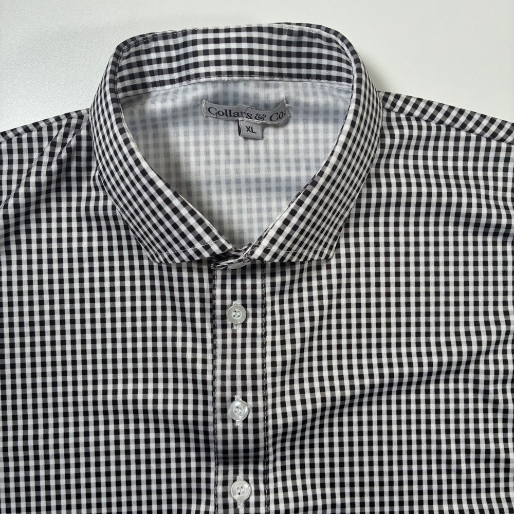 Collars & Co Polo Shirt XL Black Gingham Short Sleeve Performance Button Down